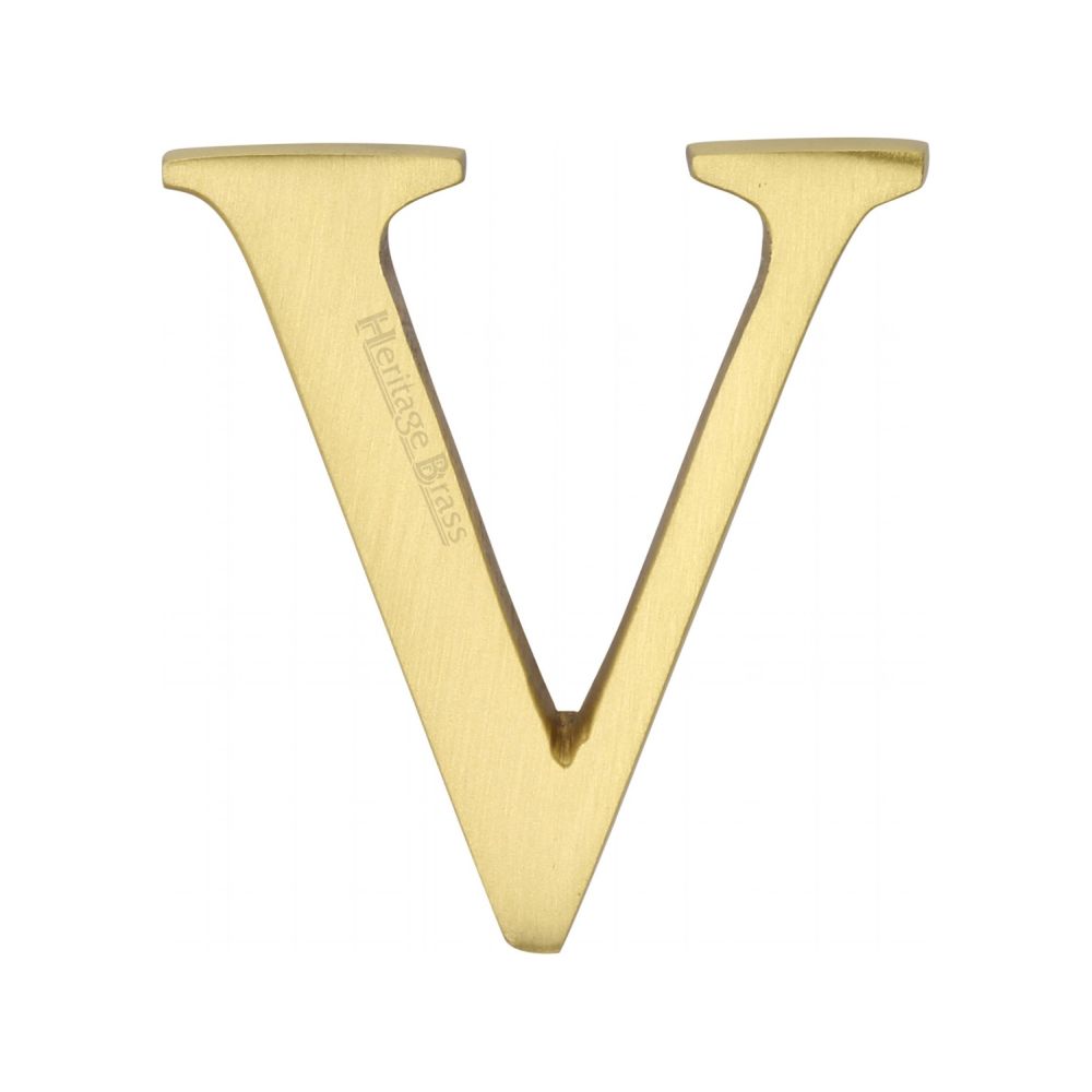 This is an image of a Heritage Brass - Alphabet V Pin Fix 51mm (2") Satin Brass Finish, c1565-2-v-sb that is available to order from Trade Door Handles in Kendal.