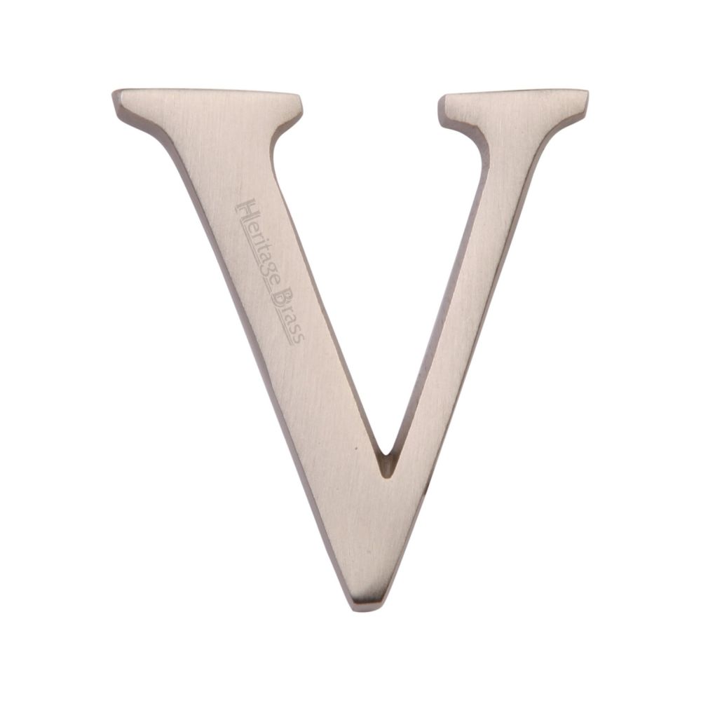 This is an image of a Heritage Brass - Alphabet V Pin Fix 51mm (2") Satin Nickel Finish, c1565-2-v-sn that is available to order from Trade Door Handles in Kendal.