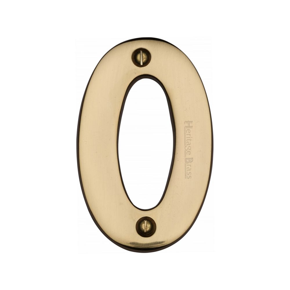 This is an image of a Heritage Brass - Numeral 0 Face Fix 76mm (3") Polished Brass Finish, c1566-0-pb that is available to order from Trade Door Handles in Kendal.