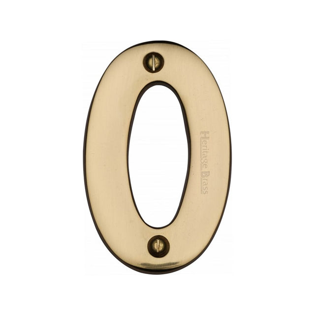 This is an image of a Heritage Brass - Numeral 0 Face Fix 76mm (3") Polished Brass Finish, c1566-0-pb that is available to order from Trade Door Handles in Kendal.