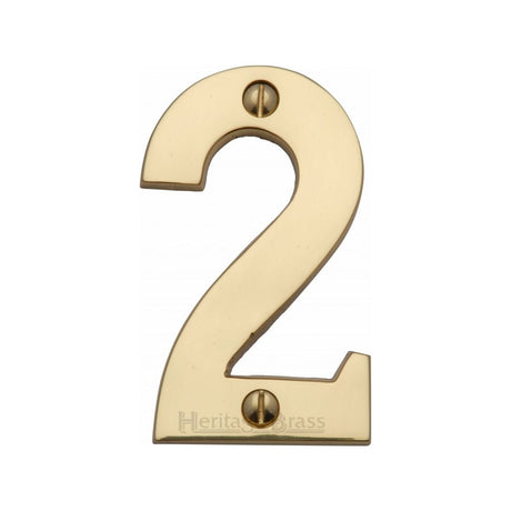 This is an image of a Heritage Brass - Numeral 2 Face Fix 76mm (3") Polished Brass Finish, c1566-2-pb that is available to order from Trade Door Handles in Kendal.