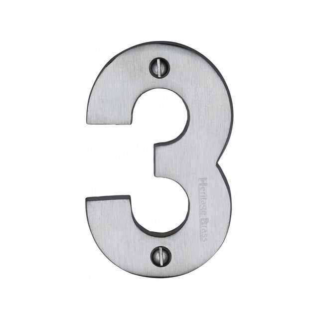 This is an image of a Heritage Brass - Numeral 3 Face Fix 76mm (3") Satin Chrome Finish, c1566-3-sc that is available to order from Trade Door Handles in Kendal.