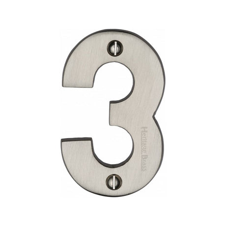 This is an image of a Heritage Brass - Numeral 3 Face Fix 76mm (3") Satin Nickel Finish, c1566-3-sn that is available to order from Trade Door Handles in Kendal.