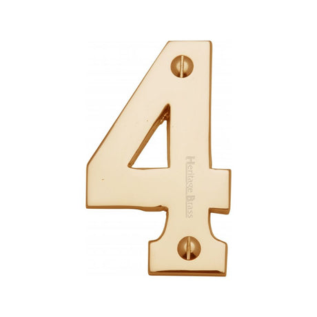 This is an image of a Heritage Brass - Numeral 4 Face Fix 76mm (3") Polished Brass Finish, c1566-4-pb that is available to order from Trade Door Handles in Kendal.