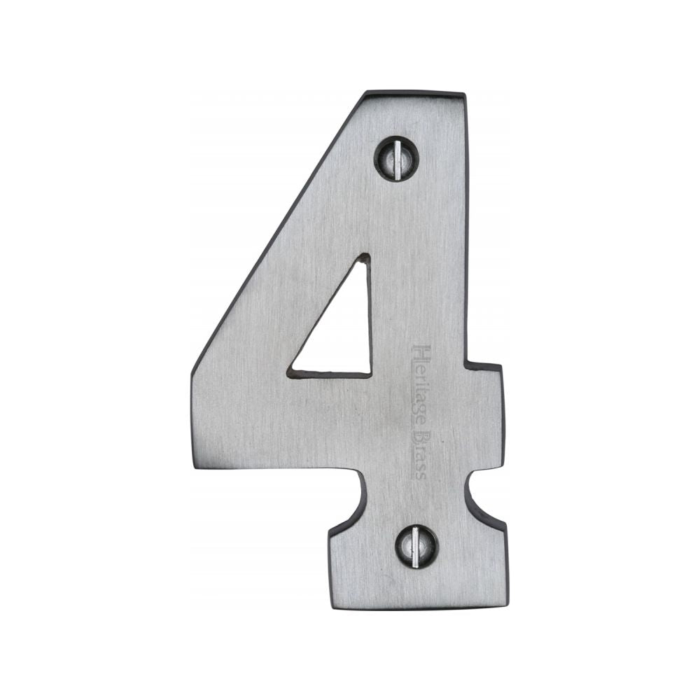 This is an image of a Heritage Brass - Numeral 4 Face Fix 76mm (3") Satin Chrome Finish, c1566-4-sc that is available to order from Trade Door Handles in Kendal.