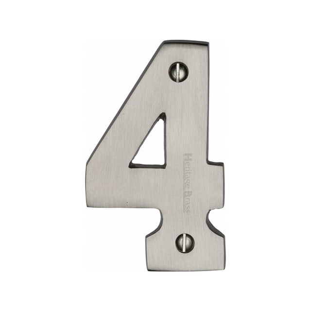 This is an image of a Heritage Brass - Numeral 4 Face Fix 76mm (3") Satin Nickel Finish, c1566-4-sn that is available to order from Trade Door Handles in Kendal.