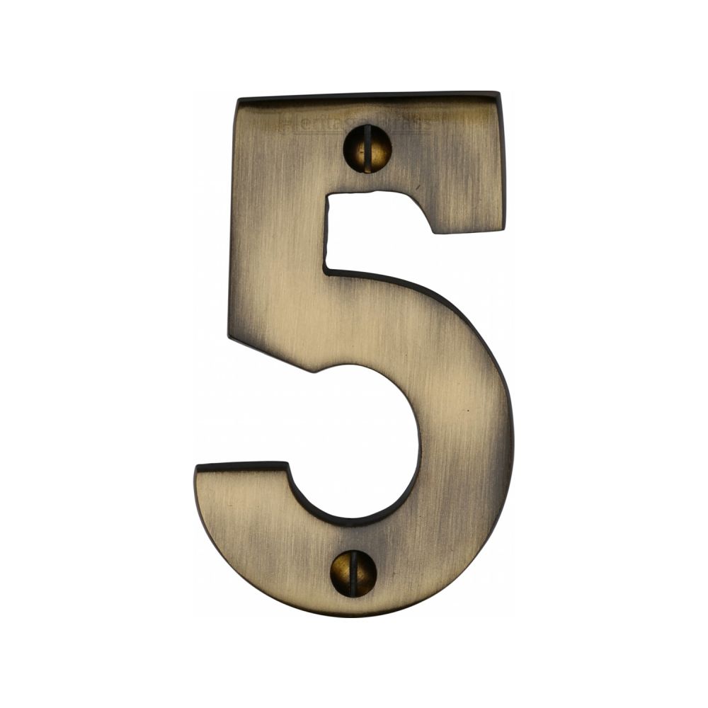 This is an image of a Heritage Brass - Numeral 5 Face Fix 76mm (3") Antique Brass Finish, c1566-5-at that is available to order from Trade Door Handles in Kendal.