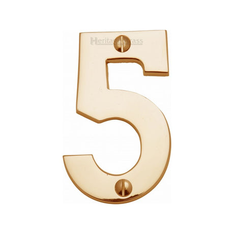 This is an image of a Heritage Brass - Numeral 5 Face Fix 76mm (3") Polished Brass Finish, c1566-5-pb that is available to order from Trade Door Handles in Kendal.