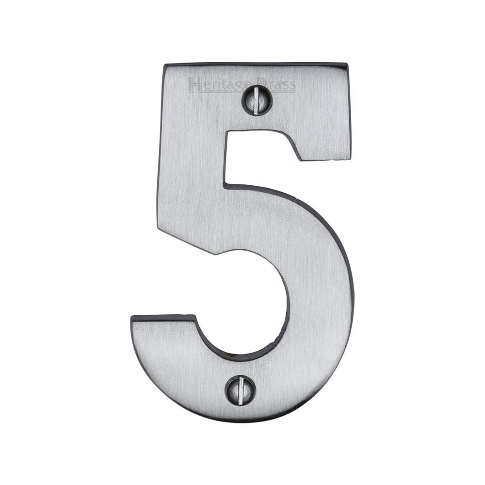 This is an image of a Heritage Brass - Numeral 5 Face Fix 76mm (3") Satin Chrome Finish, c1566-5-sc that is available to order from Trade Door Handles in Kendal.