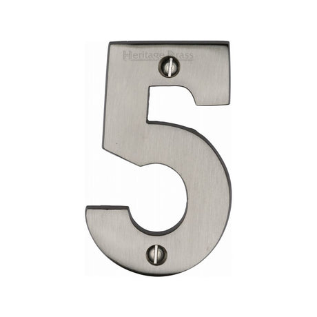 This is an image of a Heritage Brass - Numeral 5 Face Fix 76mm (3") Satin Nickel Finish, c1566-5-sn that is available to order from Trade Door Handles in Kendal.