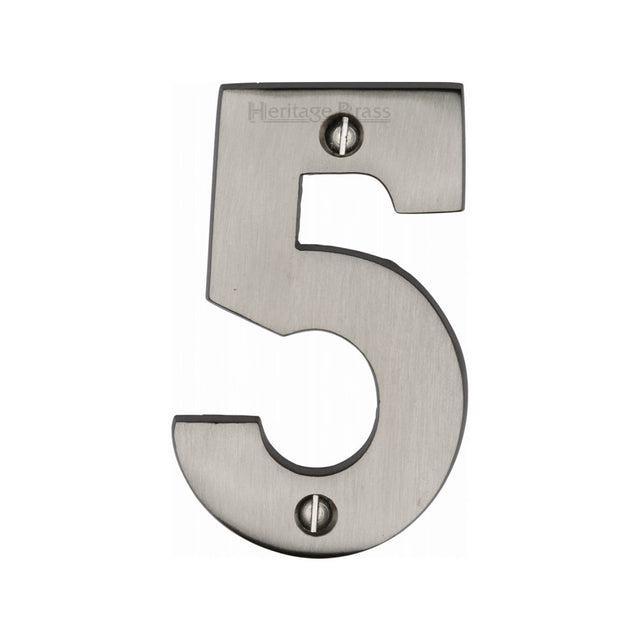 This is an image of a Heritage Brass - Numeral 5 Face Fix 76mm (3") Satin Nickel Finish, c1566-5-sn that is available to order from Trade Door Handles in Kendal.