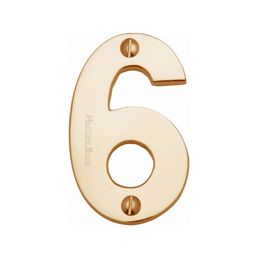 This is an image of a Heritage Brass - Numeral 6 Face Fix 76mm (3") Polished Brass Finish, c1566-6-pb that is available to order from Trade Door Handles in Kendal.