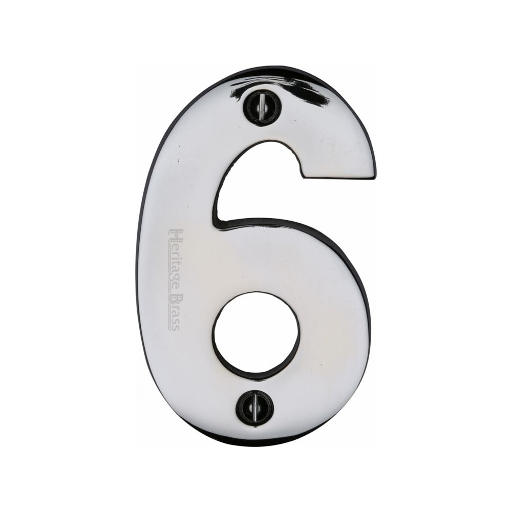 This is an image of a Heritage Brass - Numeral 6 Face Fix 76mm (3") Polished Chrome Finish, c1566-6-pc that is available to order from Trade Door Handles in Kendal.