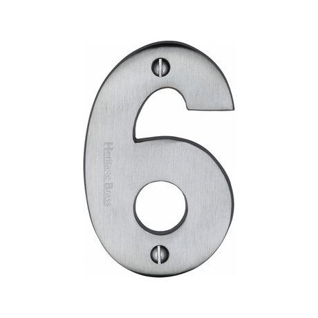 This is an image of a Heritage Brass - Numeral 6 Face Fix 76mm (3") Satin Chrome Finish, c1566-6-sc that is available to order from Trade Door Handles in Kendal.