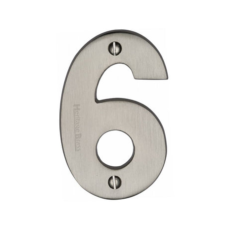 This is an image of a Heritage Brass - Numeral 6 Face Fix 76mm (3") Satin Nickel Finish, c1566-6-sn that is available to order from Trade Door Handles in Kendal.