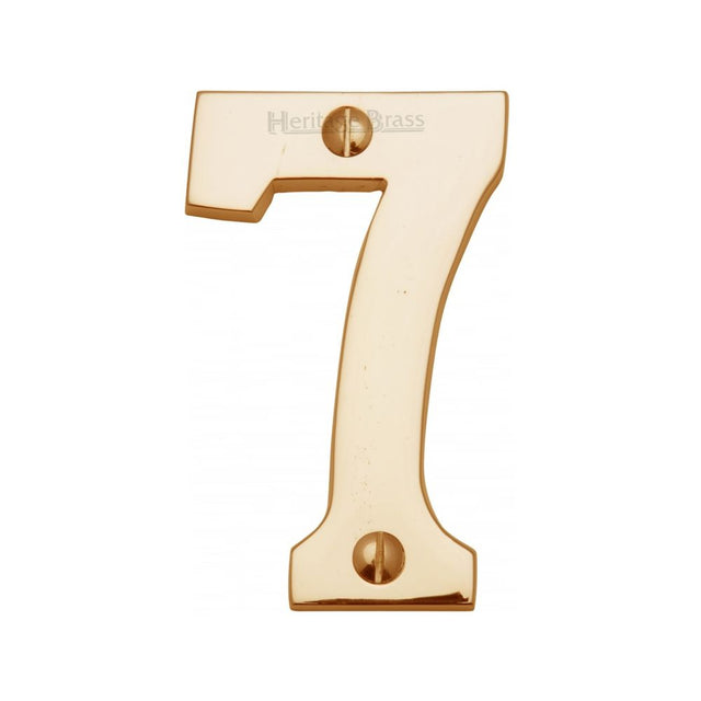 This is an image of a Heritage Brass - Numeral 7 Face Fix 76mm (3") Polished Brass Finish, c1566-7-pb that is available to order from Trade Door Handles in Kendal.