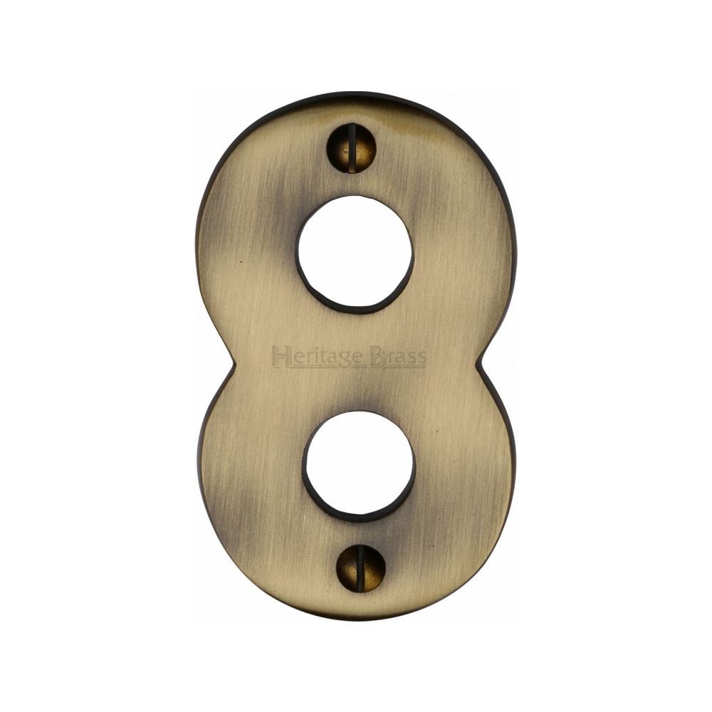 This is an image of a Heritage Brass - Numeral 8 Face Fix 76mm (3") Antique Brass Finish, c1566-8-at that is available to order from Trade Door Handles in Kendal.