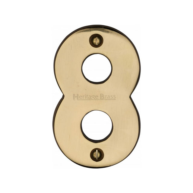 This is an image of a Heritage Brass - Numeral 8 Face Fix 76mm (3") Polished Brass Finish, c1566-8-pb that is available to order from Trade Door Handles in Kendal.