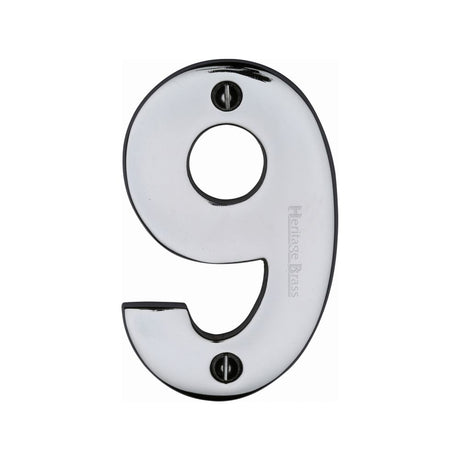 This is an image of a Heritage Brass - Numeral 9 Face Fix 76mm (3") Polished Chrome Finish, c1566-9-pc that is available to order from Trade Door Handles in Kendal.