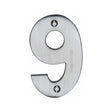 This is an image of a Heritage Brass - Numeral 9 Face Fix 76mm (3") Satin Chrome Finish, c1566-9-sc that is available to order from Trade Door Handles in Kendal.