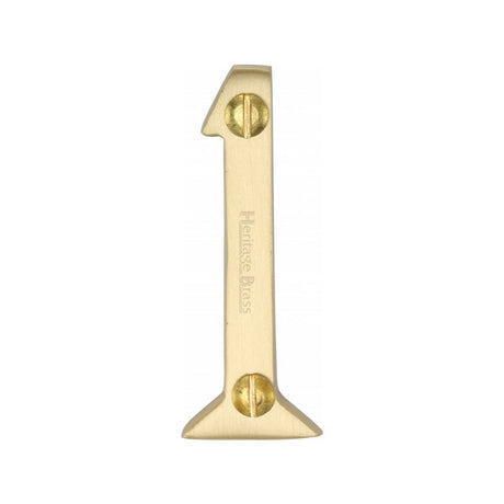 This is an image of a Heritage Brass - Numeral 1 Face Fix 51mm (2") Satin Brass Finish, c1567-1-sb that is available to order from Trade Door Handles in Kendal.