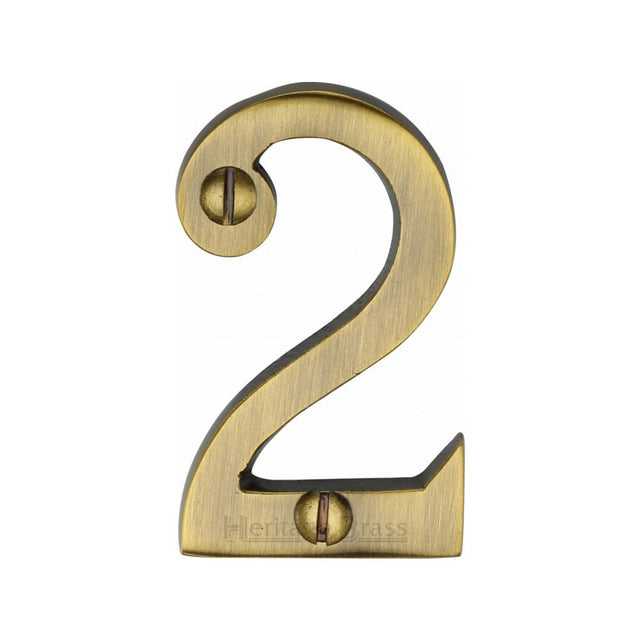 This is an image of a Heritage Brass - Numeral 2 Face Fix 51mm (2") Antique Brass Finish, c1567-2-at that is available to order from Trade Door Handles in Kendal.