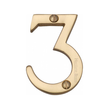 This is an image of a Heritage Brass - Numeral 3 Face Fix 51mm (2") Polished Brass Finish, c1567-3-pb that is available to order from Trade Door Handles in Kendal.