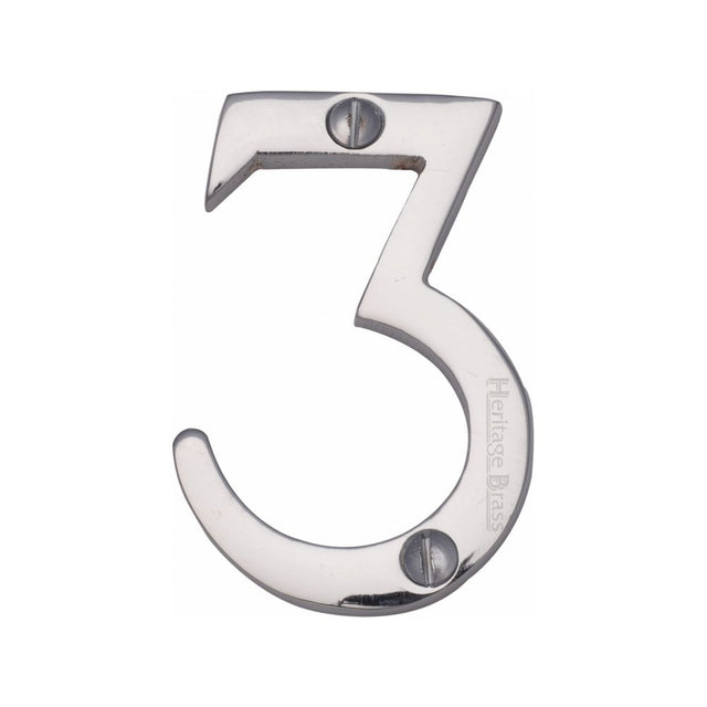 This is an image of a Heritage Brass - Numeral 3 Face Fix 51mm (2") Polished Chrome Finish, c1567-3-pc that is available to order from Trade Door Handles in Kendal.