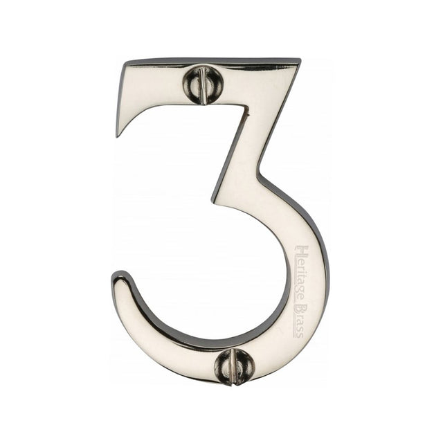 This is an image of a Heritage Brass - Numeral 3 Face Fix 51mm (2") Polished Nickel Finish, c1567-3-pnf that is available to order from Trade Door Handles in Kendal.