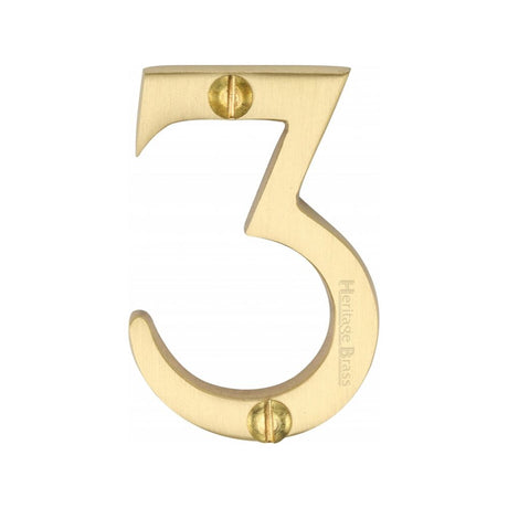 This is an image of a Heritage Brass - Numeral 3 Face Fix 51mm (2") Satin Brass Finish, c1567-3-sb that is available to order from Trade Door Handles in Kendal.