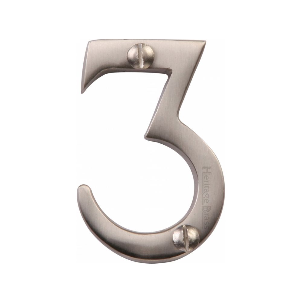 This is an image of a Heritage Brass - Numeral 3 Face Fix 51mm (2") Satin Nickel Finish, c1567-3-sn that is available to order from Trade Door Handles in Kendal.