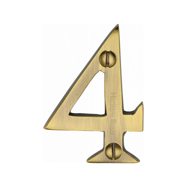 This is an image of a Heritage Brass - Numeral 4 Face Fix 51mm (2") Antique Brass Finish, c1567-4-at that is available to order from Trade Door Handles in Kendal.