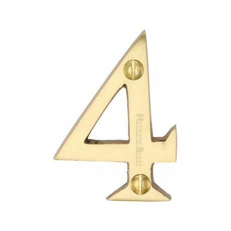 This is an image of a Heritage Brass - Numeral 4 Face Fix 51mm (2") Satin Brass Finish, c1567-4-sb that is available to order from Trade Door Handles in Kendal.