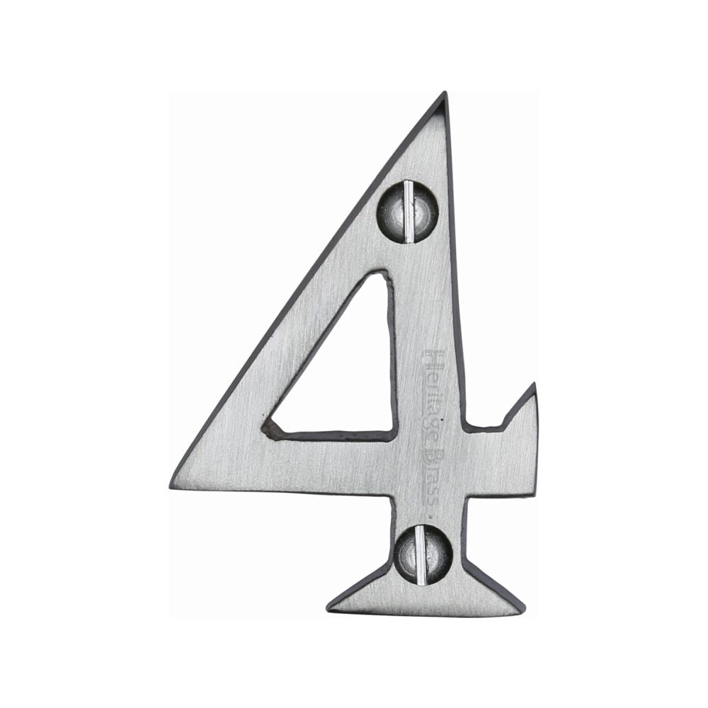 This is an image of a Heritage Brass - Numeral 4 Face Fix 51mm (2") Satin Chrome Finish, c1567-4-sc that is available to order from Trade Door Handles in Kendal.