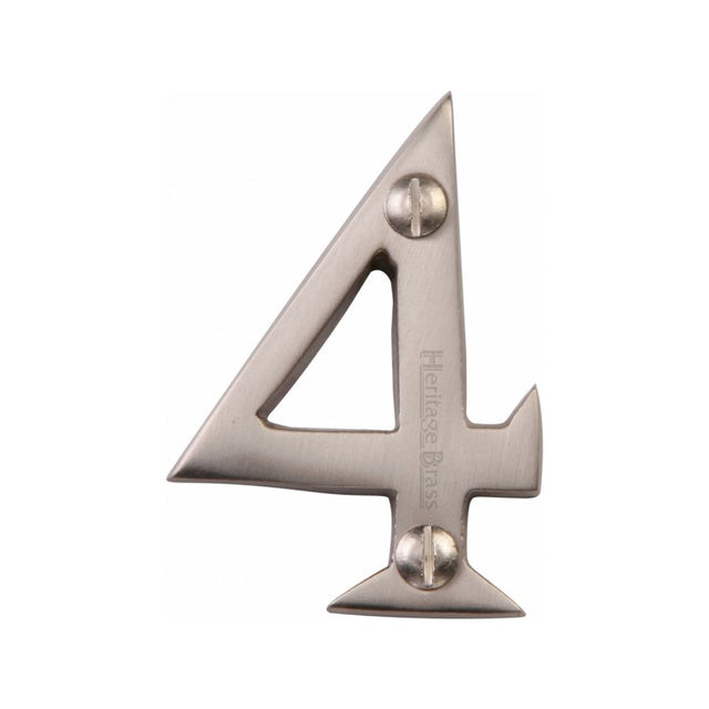 This is an image of a Heritage Brass - Numeral 4 Face Fix 51mm (2") Satin Nickel Finish, c1567-4-sn that is available to order from Trade Door Handles in Kendal.