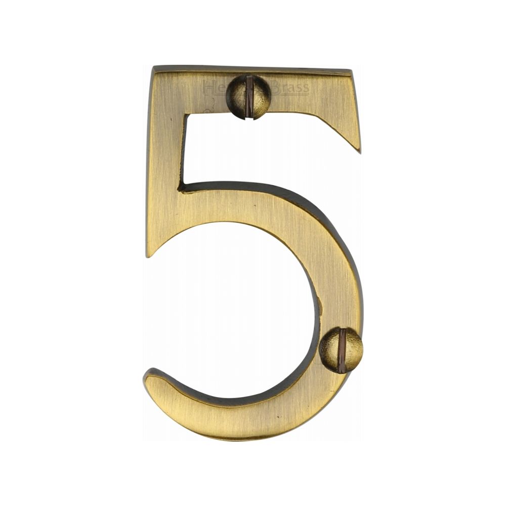 This is an image of a Heritage Brass - Numeral 5 Face Fix 51mm (2") Antique Brass Finish, c1567-5-at that is available to order from Trade Door Handles in Kendal.