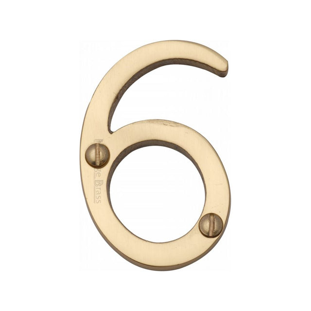 This is an image of a Heritage Brass - Numeral 6 Face Fix 51mm (2") Polished Brass Finish, c1567-6-pb that is available to order from Trade Door Handles in Kendal.