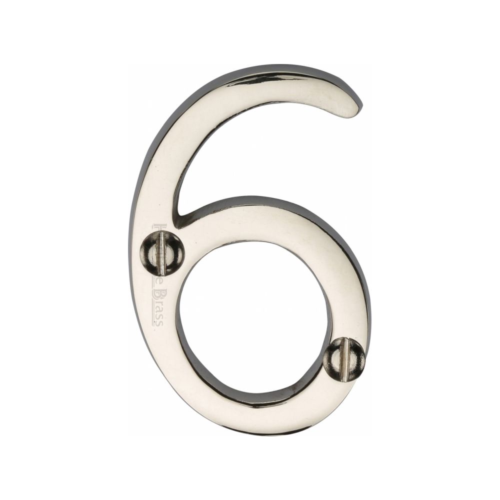 This is an image of a Heritage Brass - Numeral 6 Face Fix 51mm (2") Polished Nickel Finish, c1567-6-pnf that is available to order from Trade Door Handles in Kendal.