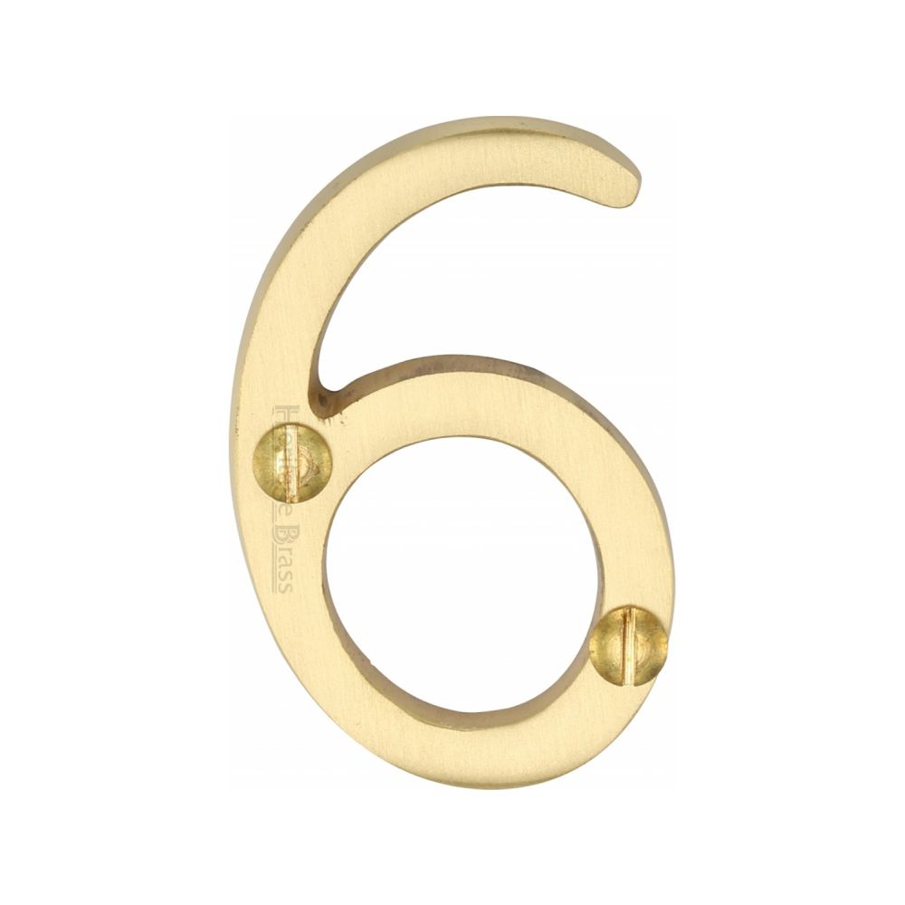 This is an image of a Heritage Brass - Numeral 6 Face Fix 51mm (2") Satin Brass Finish, c1567-6-sb that is available to order from Trade Door Handles in Kendal.