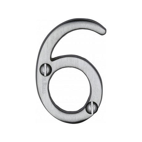 This is an image of a Heritage Brass - Numeral 6 Face Fix 51mm (2") Satin Chrome Finish, c1567-6-sc that is available to order from Trade Door Handles in Kendal.