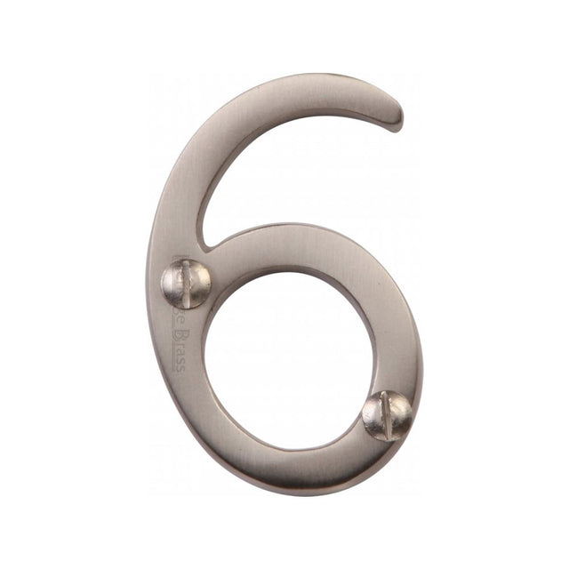 This is an image of a Heritage Brass - Numeral 6 Face Fix 51mm (2") Satin Nickel Finish, c1567-6-sn that is available to order from Trade Door Handles in Kendal.