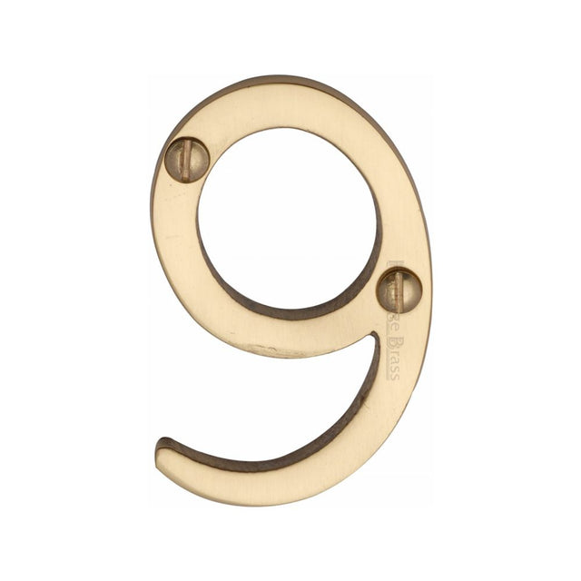 This is an image of a Heritage Brass - Numeral 9 Face Fix 51mm (2") Polished Brass Finish, c1567-9-pb that is available to order from Trade Door Handles in Kendal.