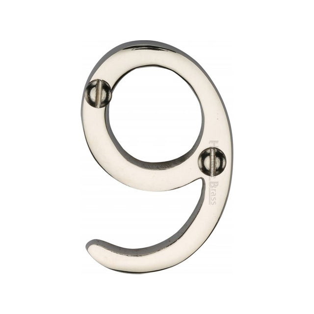 This is an image of a Heritage Brass - Numeral 9 Face Fix 51mm (2") Polished Nickel Finish, c1567-9-pnf that is available to order from Trade Door Handles in Kendal.