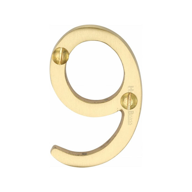 This is an image of a Heritage Brass - Numeral 9 Face Fix 51mm (2") Satin Brass Finish, c1567-9-sb that is available to order from Trade Door Handles in Kendal.