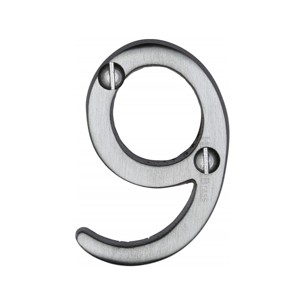 This is an image of a Heritage Brass - Numeral 9 Face Fix 51mm (2") Satin Chrome Finish, c1567-9-sc that is available to order from Trade Door Handles in Kendal.