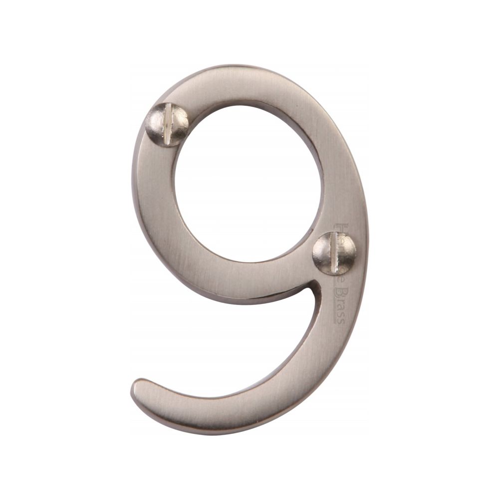 This is an image of a Heritage Brass - Numeral 9 Face Fix 51mm (2") Satin Nickel Finish, c1567-9-sn that is available to order from Trade Door Handles in Kendal.