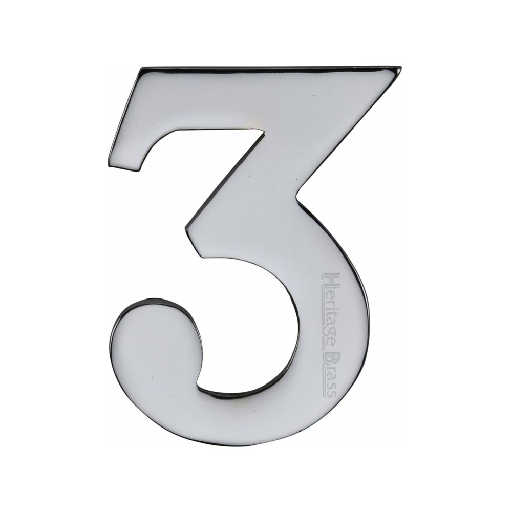 This is an image of a Heritage Brass - Numeral 3 Self Adhesive 51mm (2") Polished Chrome Finish, c1568-3-pc that is available to order from Trade Door Handles in Kendal.