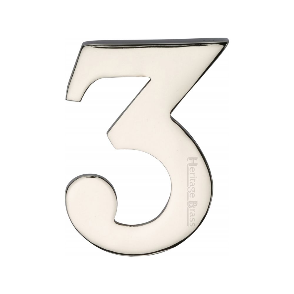 This is an image of a Heritage Brass - Numeral 3 Self Adhesive 51mm (2") Polished Nickel Finish, c1568-3-pnf that is available to order from Trade Door Handles in Kendal.