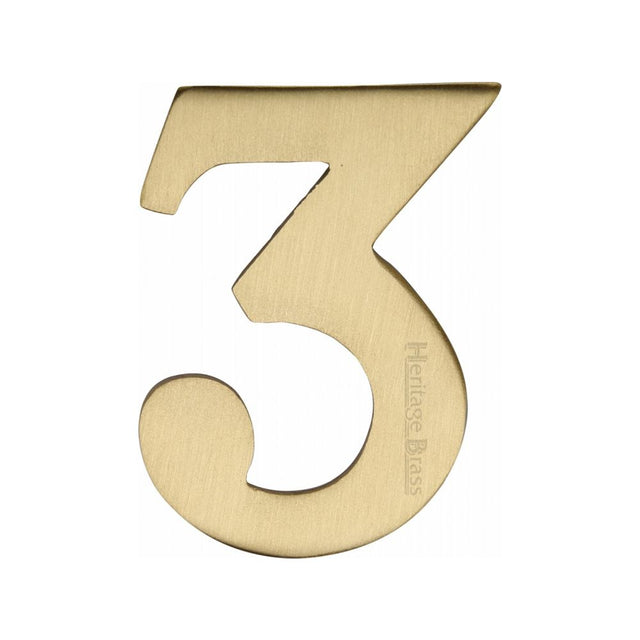 This is an image of a Heritage Brass - Numeral 3 Self Adhesive 51mm (2") Satin Brass Finish, c1568-3-sb that is available to order from Trade Door Handles in Kendal.