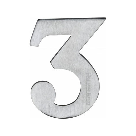 This is an image of a Heritage Brass - Numeral 3 Self Adhesive 51mm (2") Satin Chrome Finish, c1568-3-sc that is available to order from Trade Door Handles in Kendal.